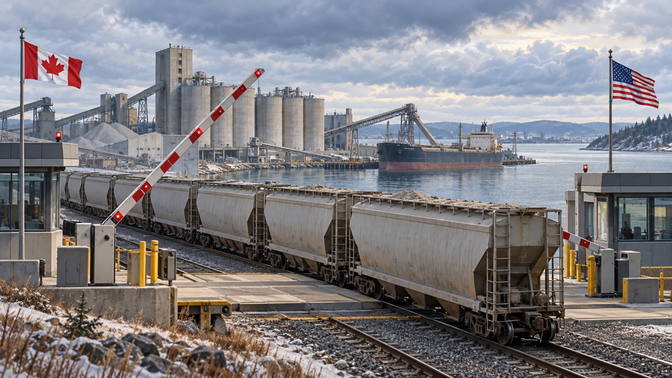 A rail freight train besides a cement import terminal, with Canadian and US flags visible on either side.
