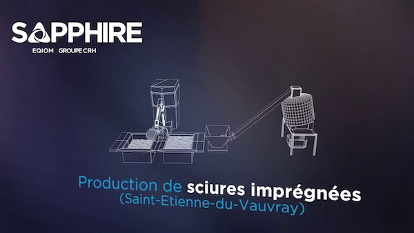 Dark purple promotional graphic with the Sapphire logo and a white schematic illustration of industrial equipment connected to a hopper and chair-like unit, with French text about production de sciures imprégnées.