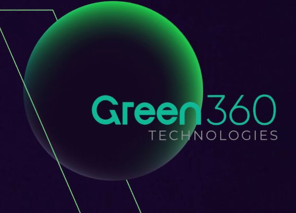 Green360 Technologies logo on a dark purple background with neon green circular graphics and diagonal lines.