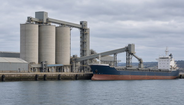 Cement silos and industrial conveyor structures beside a docked cargo ship at a waterside terminal.