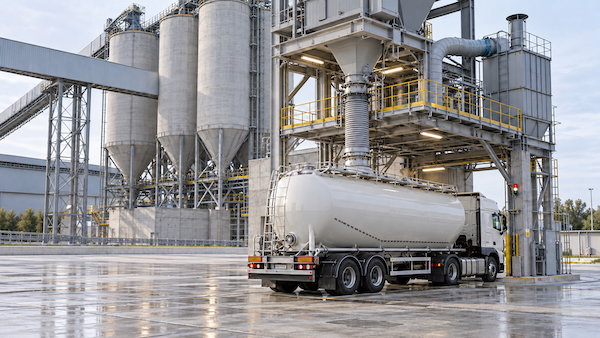 A tanker truck parked beside tall silos and metal processing towers at an industrial cement plant.
